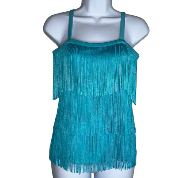 MICHAEL MICHAEL KORS Vintage Go Go  Fringe Camisole Tank Top Turquoise Stretch - Picture 1 of 11